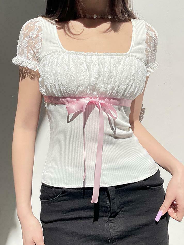 Coquette Aesthetic Bow Lace Patchwork Bubble Sleeve Top Coquette Aesthetic Bow Lace Patchwork Bubble Sleeve Top