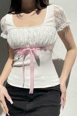 Coquette Aesthetic Bow Lace Patchwork Bubble Sleeve Top