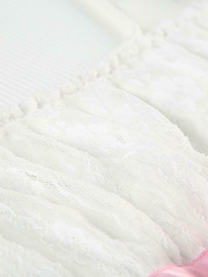 Coquette Aesthetic Bow Lace Patchwork Bubble Sleeve Top Coquette Aesthetic Bow Lace Patchwork Bubble Sleeve Top