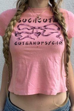 Coquette Aesthetic Bow Letter Print Crop Tee - Y2K Fashion Grunge Style Cute Tops Women's Fashion