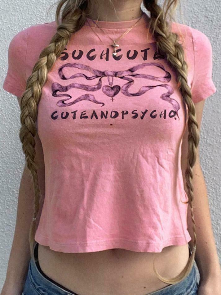 Coquette Aesthetic Bow Letter Print Crop Tee - Y2K Fashion Grunge Style Cute Tops Women's Fashion