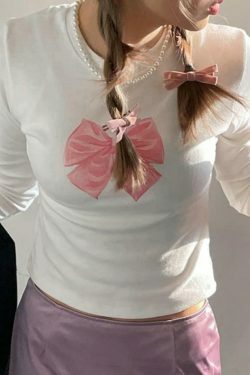 Coquette Aesthetic Bow Print Crew Neck Slim Long Sleeve Tee