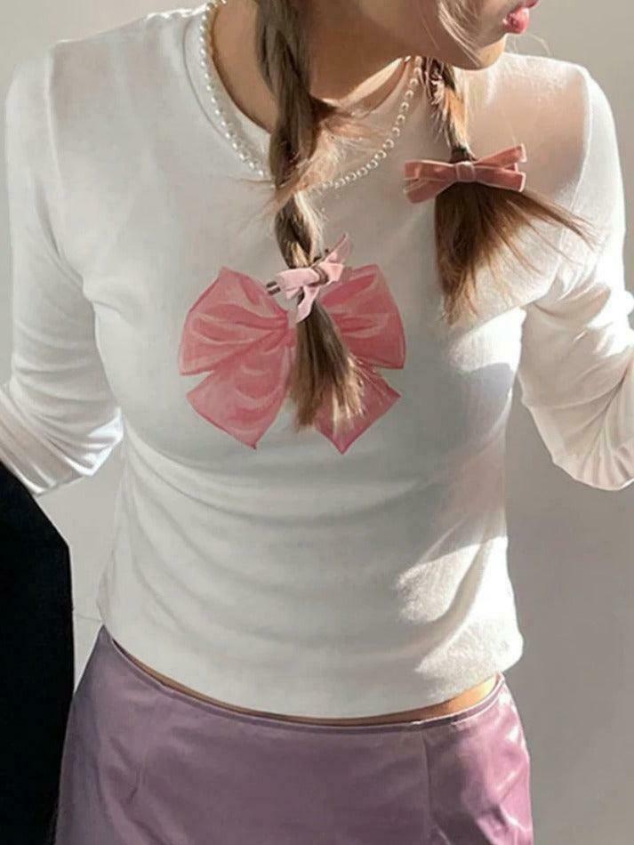 Coquette Aesthetic Bow Print Crew Neck Slim Long Sleeve Tee Coquette Aesthetic Bow Print Crew Neck Slim Long Sleeve Tee