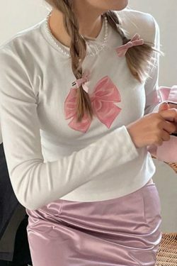 Coquette Aesthetic Bow Print Crew Neck Slim Long Sleeve Tee
