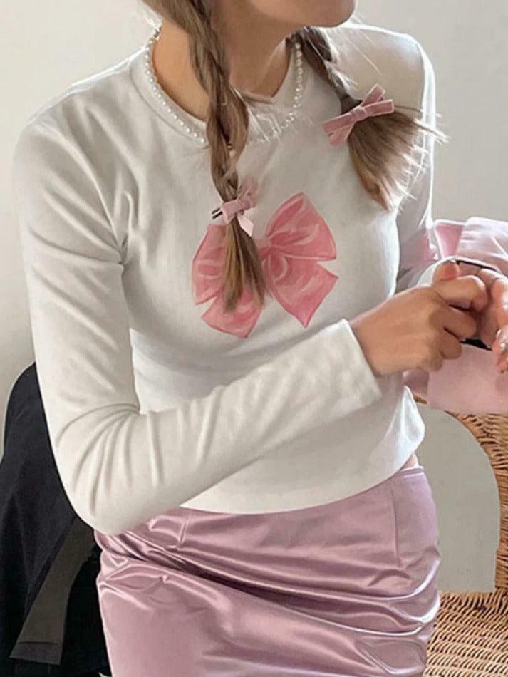 Coquette Aesthetic Bow Print Crew Neck Slim Long Sleeve Tee Coquette Aesthetic Bow Print Crew Neck Slim Long Sleeve Tee