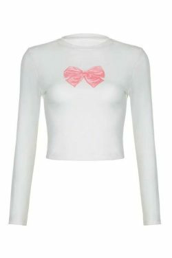 Coquette Aesthetic Bow Print Crew Neck Slim Long Sleeve Tee