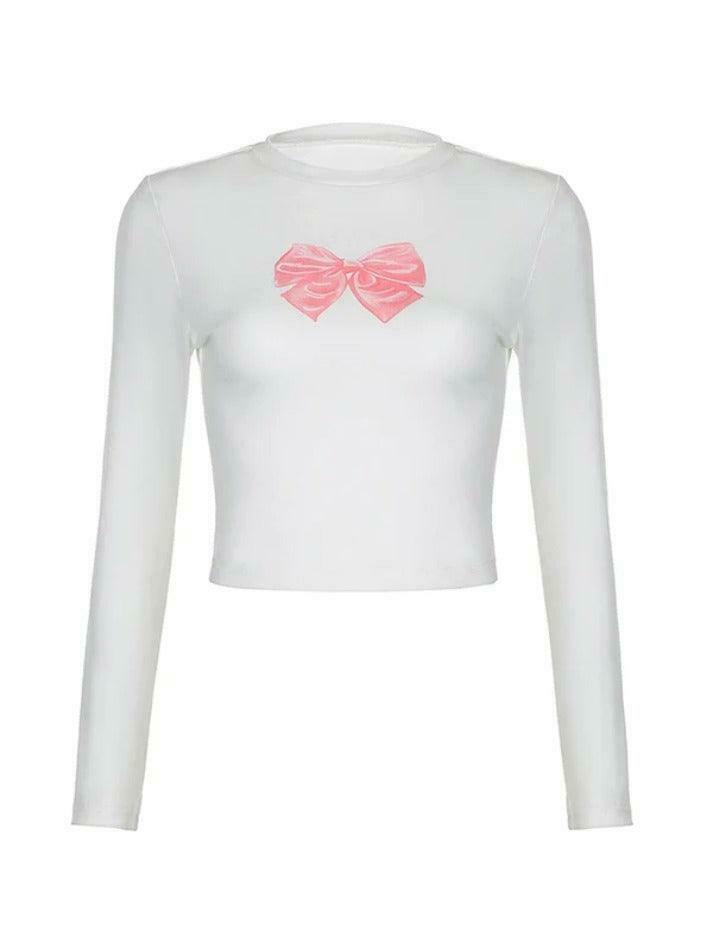 Coquette Aesthetic Bow Print Crew Neck Slim Long Sleeve Tee Coquette Aesthetic Bow Print Crew Neck Slim Long Sleeve Tee