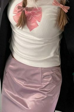 Coquette Aesthetic Bow Print Crew Neck Slim Long Sleeve Tee