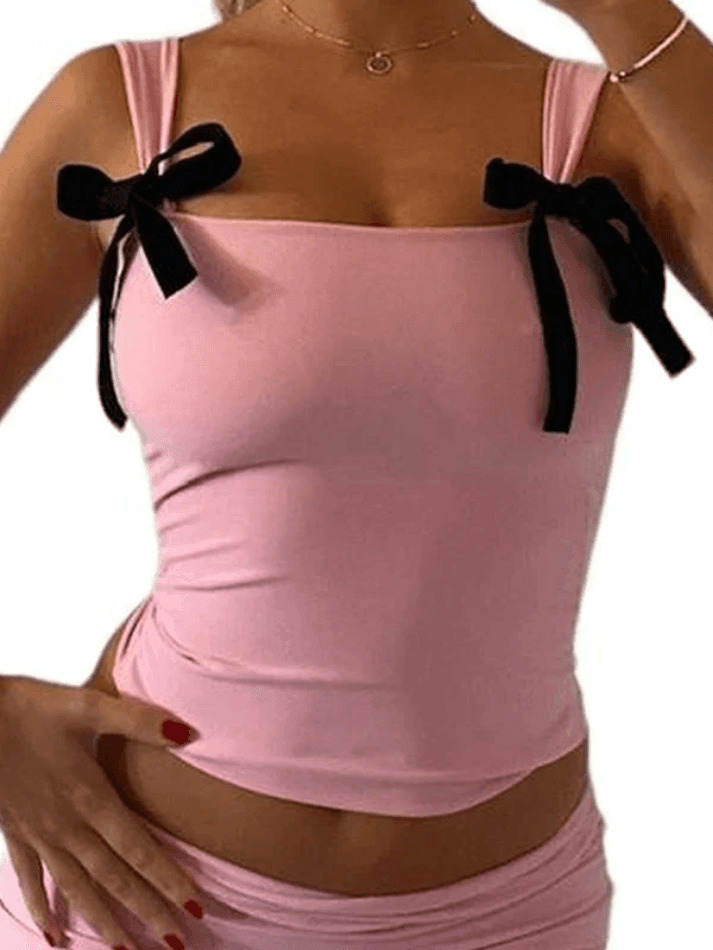Coquette Aesthetic Bow Tie Crop Tank - Y2K Fashion Grunge Style Cute Tops & Pastel Goth Outfit