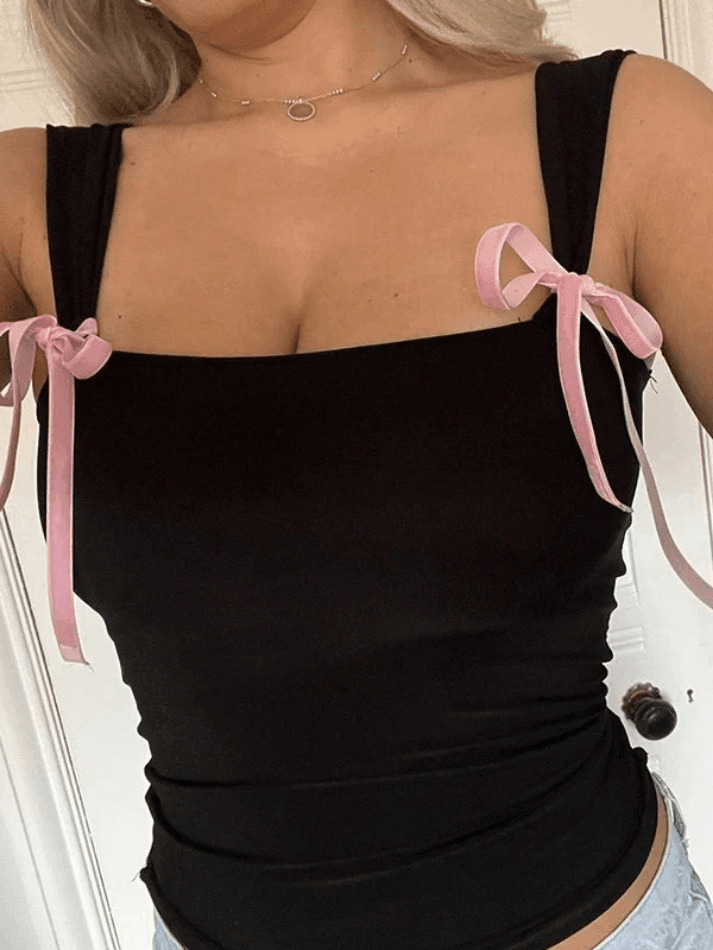 Coquette Aesthetic Bow Tie Crop Tank - Y2K Fashion Grunge Style Cute Tops & Pastel Goth Outfit