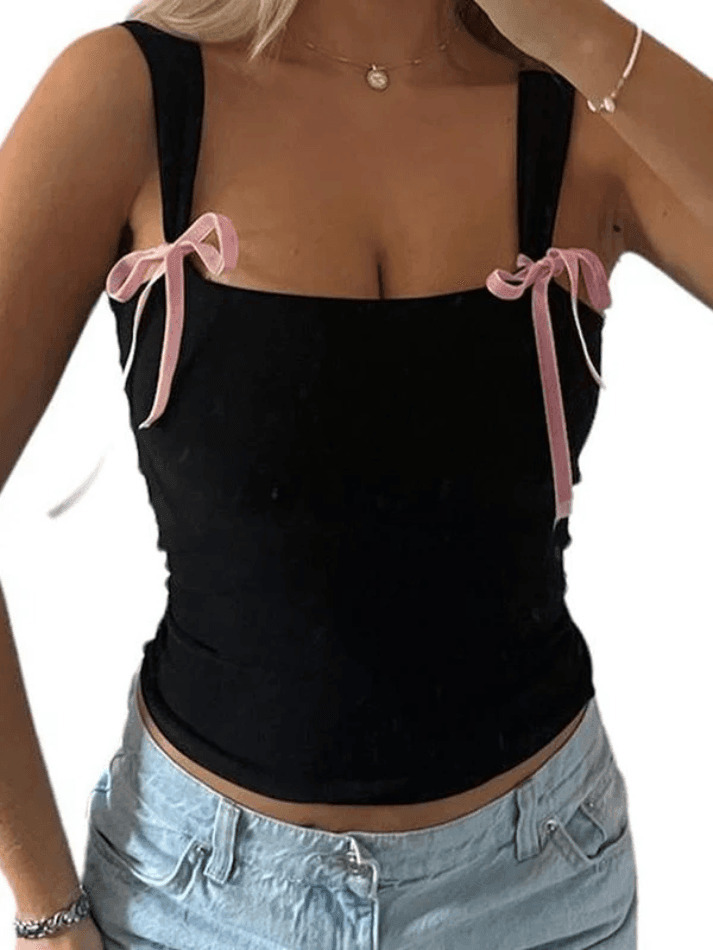 Coquette Aesthetic Bow Tie Crop Tank - Y2K Fashion Grunge Style Cute Tops & Pastel Goth Outfit