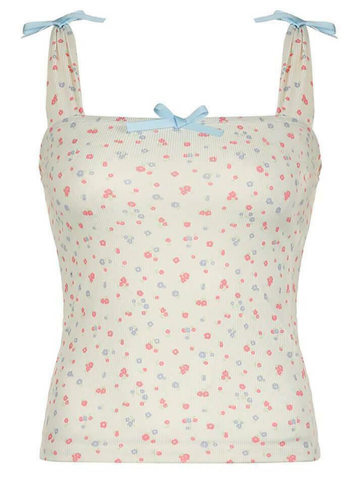 Coquette Aesthetic Bow Tie Floral Tank - Y2K Fashion Cute Tops & Pastel Goth Outfits