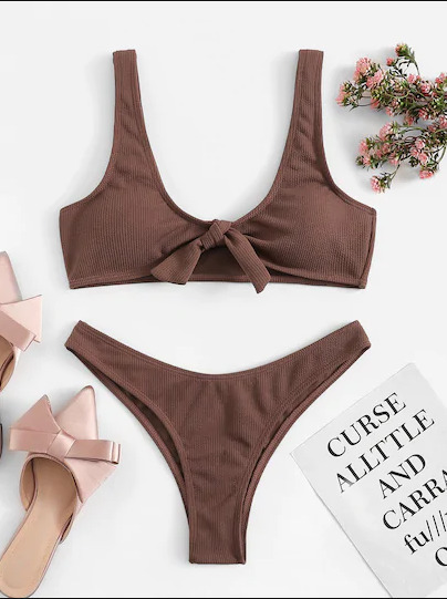 Coquette Aesthetic Brown Ribbed Knotted Bralette Bikini Set Coquette Aesthetic Brown Ribbed Knotted Bralette Bikini Set