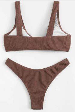 Coquette Aesthetic Brown Ribbed Knotted Bralette Bikini Set