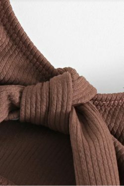 Coquette Aesthetic Brown Ribbed Knotted Bralette Bikini Set