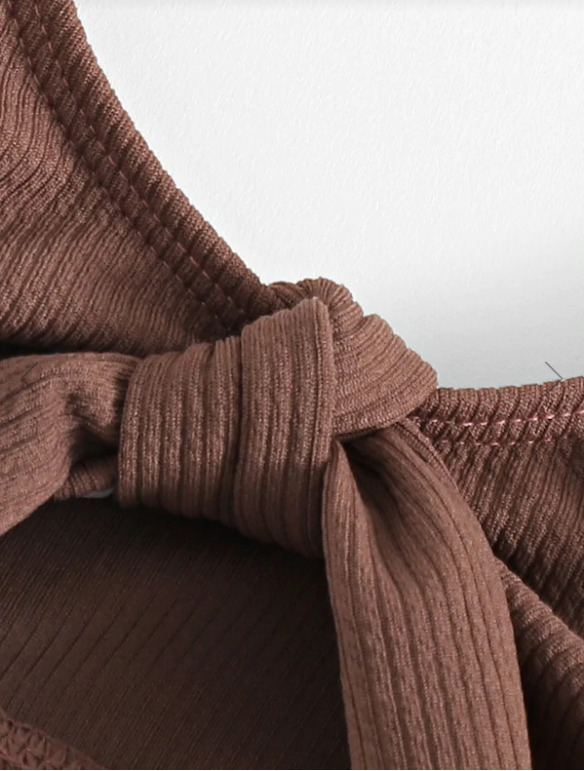 Coquette Aesthetic Brown Ribbed Knotted Bralette Bikini Set Coquette Aesthetic Brown Ribbed Knotted Bralette Bikini Set