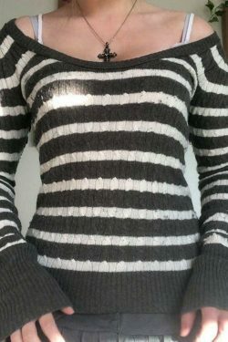 Coquette Aesthetic Brown Striped Cable Knit Top - Y2K Fashion Women's Fall Sweater