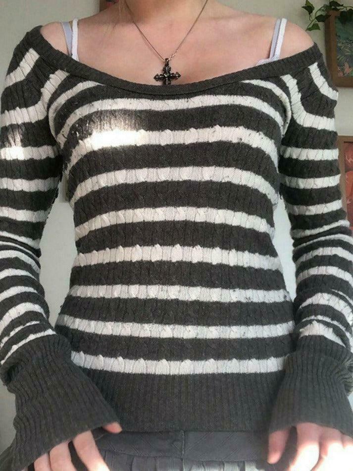 Coquette Aesthetic Brown Striped Cable Knit Top - Y2K Fashion Women's Fall Sweater