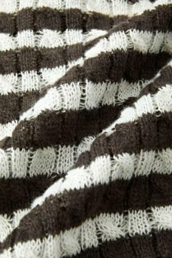 Coquette Aesthetic Brown Striped Cable Knit Top - Y2K Fashion Women's Fall Sweater