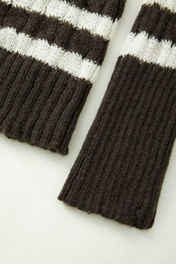 Coquette Aesthetic Brown Striped Cable Knit Top - Y2K Fashion Women's Fall Sweater