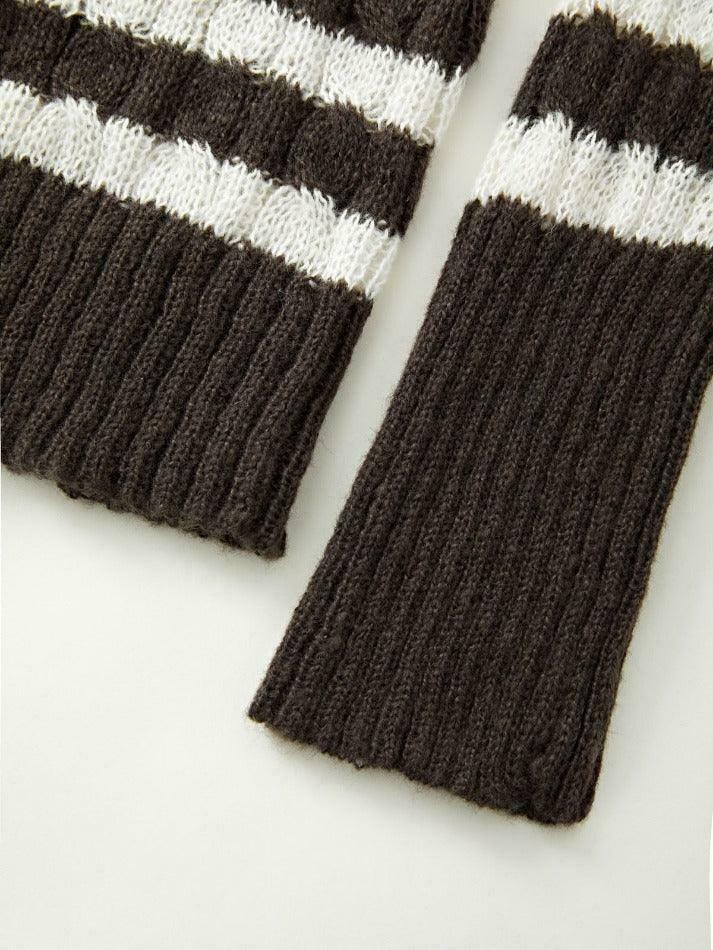 Coquette Aesthetic Brown Striped Cable Knit Top - Y2K Fashion Women's Fall Sweater