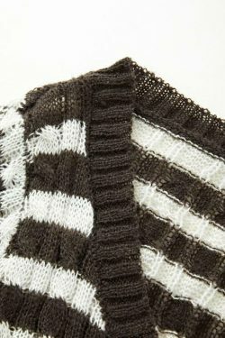 Coquette Aesthetic Brown Striped Cable Knit Top - Y2K Fashion Women's Fall Sweater