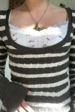 Coquette Aesthetic Brown Striped Cable Knit Top - Y2K Fashion Women's Fall Sweater