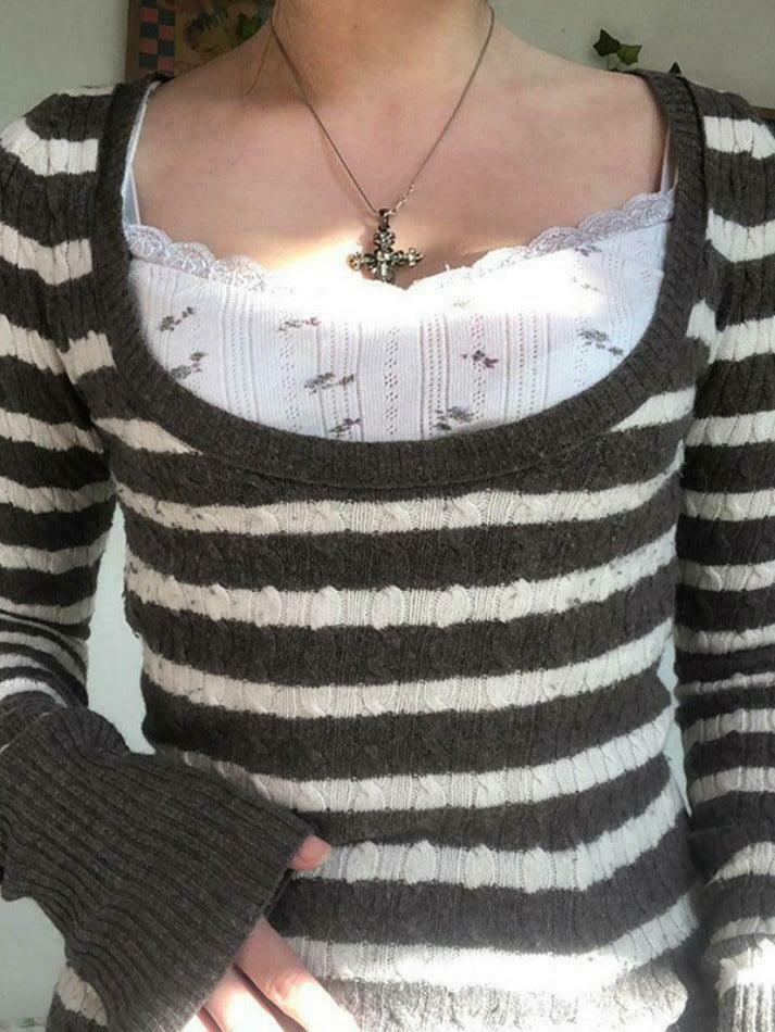 Coquette Aesthetic Brown Striped Cable Knit Top - Y2K Fashion Women's Fall Sweater