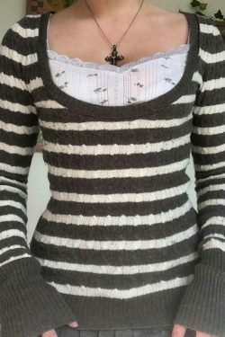 Coquette Aesthetic Brown Striped Cable Knit Top - Y2K Fashion Women's Fall Sweater