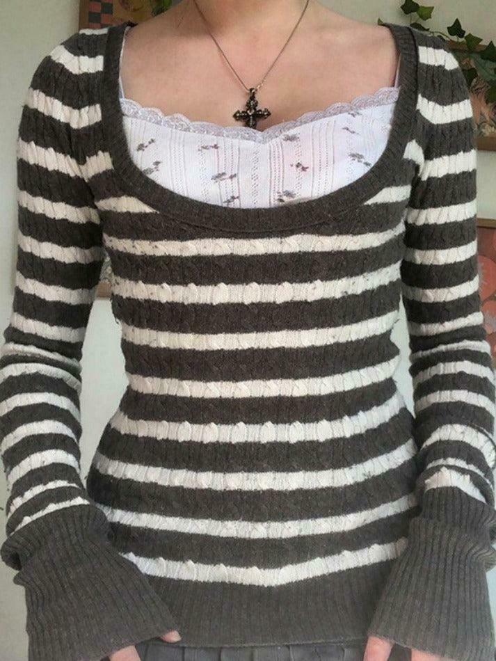 Coquette Aesthetic Brown Striped Cable Knit Top - Y2K Fashion Women's Fall Sweater