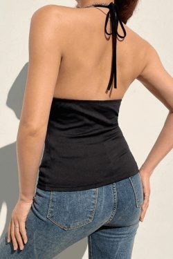 Coquette Aesthetic Buckle Strap Halter Crop Cami Top