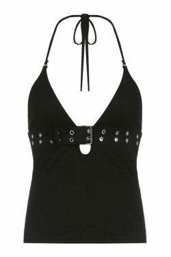 Coquette Aesthetic Buckle Strap Halter Crop Cami Top