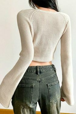 Coquette Aesthetic Butterfly Pointelle Lacing Trumpet Sleeve V Neck Cardigan