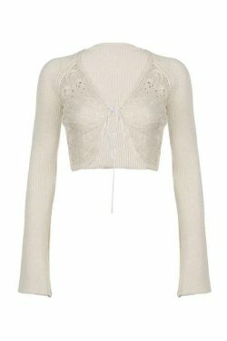 Coquette Aesthetic Butterfly Pointelle Lacing Trumpet Sleeve V Neck Cardigan