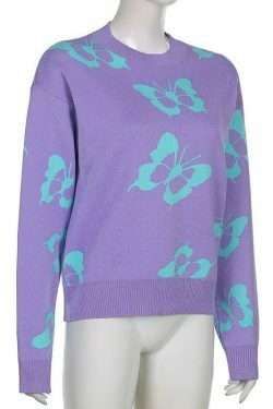 Coquette Aesthetic Butterfly Print Kawaii Jumper - Y2K Fashion Women's Top