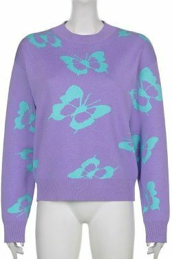 Coquette Aesthetic Butterfly Print Kawaii Jumper - Y2K Fashion Women's Top