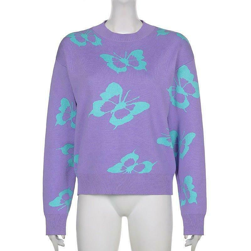 Coquette Aesthetic Butterfly Print Kawaii Jumper - Y2K Fashion Women's Top