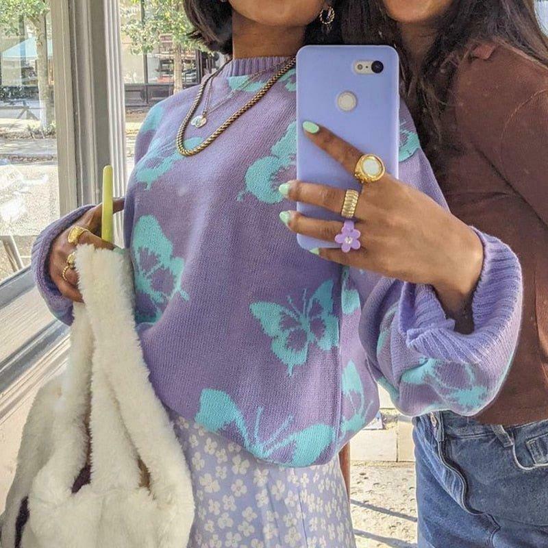 Coquette Aesthetic Butterfly Print Kawaii Jumper - Y2K Fashion Women's Top