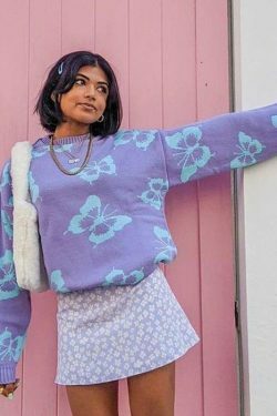 Coquette Aesthetic Butterfly Print Kawaii Jumper - Y2K Fashion Women's Top