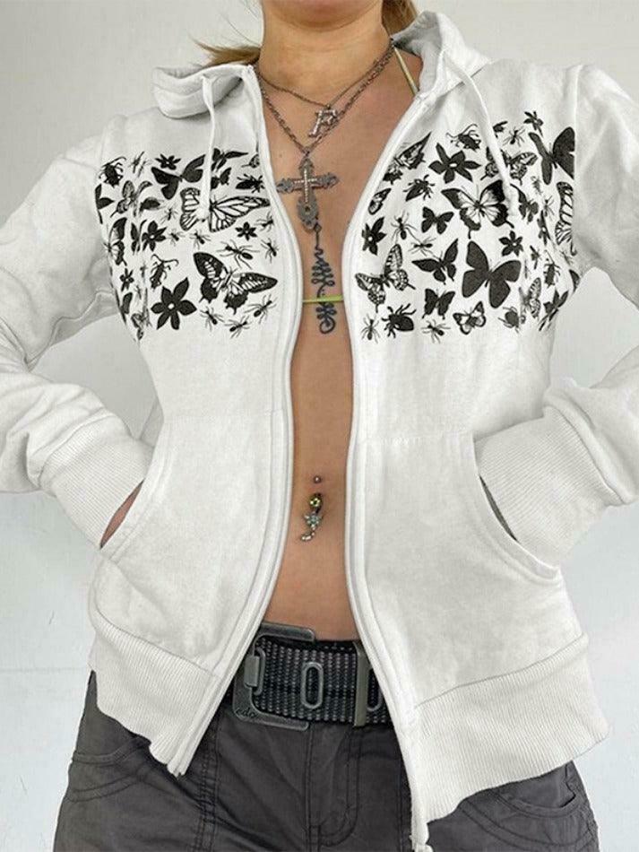 Coquette Aesthetic Butterfly Print Zip Up Oversized Hoodie - Y2K Fashion Statement