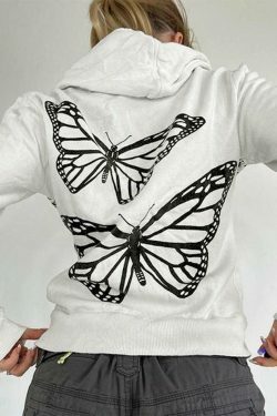 Coquette Aesthetic Butterfly Print Zip Up Oversized Hoodie - Y2K Fashion Statement
