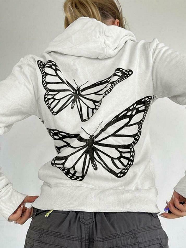 Coquette Aesthetic Butterfly Print Zip Up Oversized Hoodie - Y2K Fashion Statement