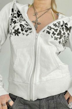 Coquette Aesthetic Butterfly Print Zip Up Oversized Hoodie - Y2K Fashion Statement