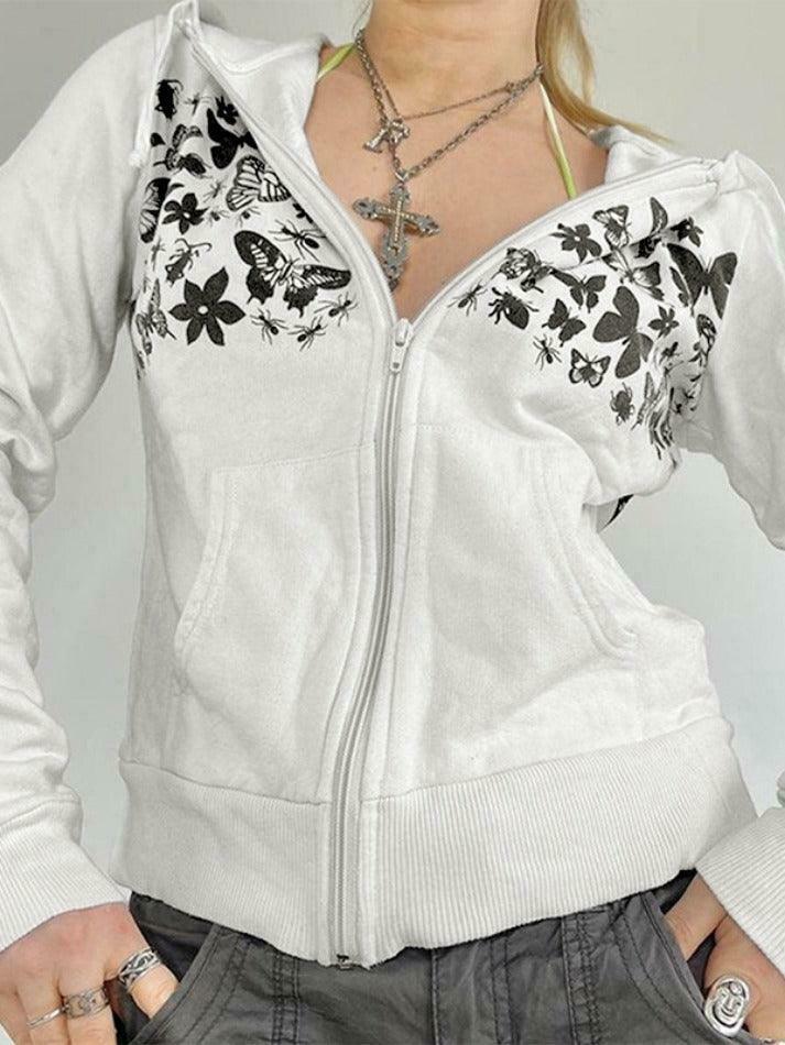 Coquette Aesthetic Butterfly Print Zip Up Oversized Hoodie - Y2K Fashion Statement