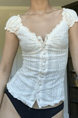 Coquette Aesthetic Button Down Broidered Lace Crop Blouse