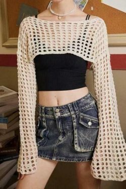 Coquette Aesthetic Cargo Skirt with All Over Cutout Flare Sleeve Knit