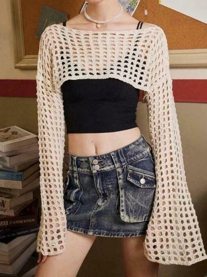 Coquette Aesthetic Cargo Skirt with All Over Cutout Flare Sleeve Knit Coquette Aesthetic Cargo Skirt with All Over Cutout Flare Sleeve Knit