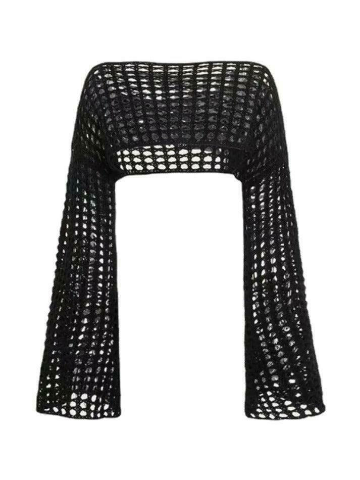 Coquette Aesthetic Cargo Skirt with All Over Cutout Flare Sleeve Knit Coquette Aesthetic Cargo Skirt with All Over Cutout Flare Sleeve Knit