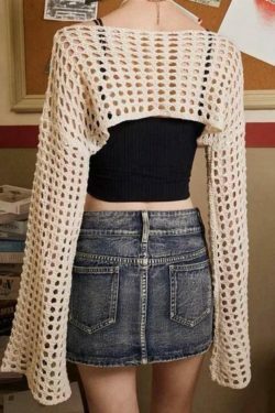 Coquette Aesthetic Cargo Skirt with All Over Cutout Flare Sleeve Knit