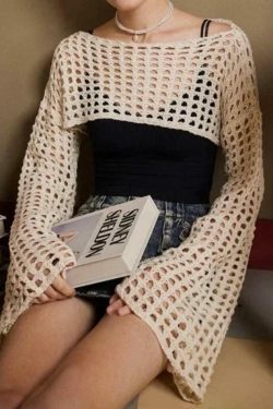 Coquette Aesthetic Cargo Skirt with All Over Cutout Flare Sleeve Knit